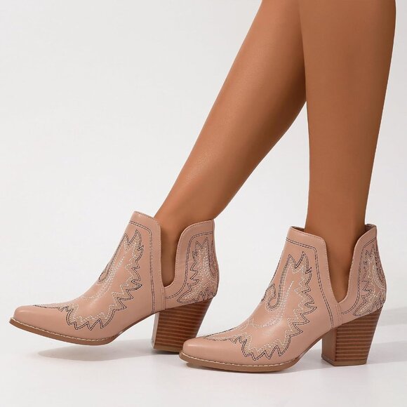 ✨Women Brown Cowboy Boots Ankle Western Embroidered Stitched Toe Chunky Heels - Picture 5 of 7